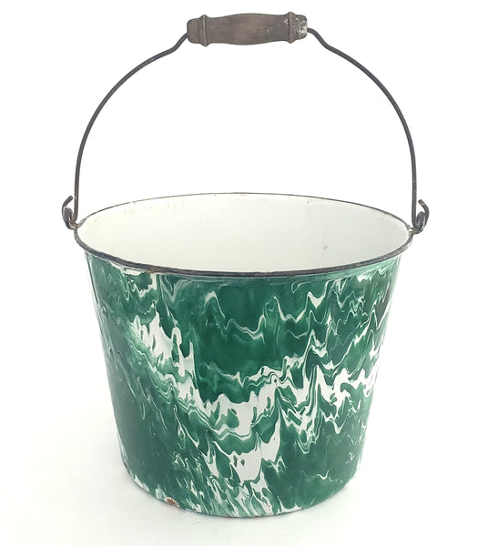 Antique Green & White Swirl Graniteware Pail Bucket Bail Handle Wood Grip