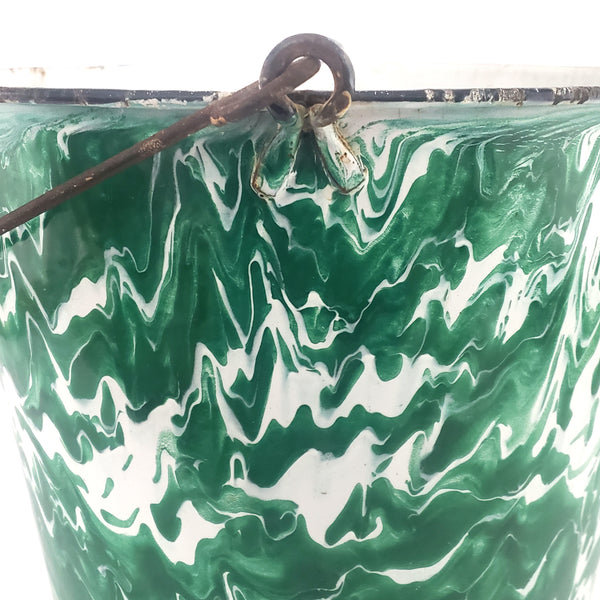 Antique Green & White Swirl Graniteware Pail Bucket Bail Handle Wood Grip