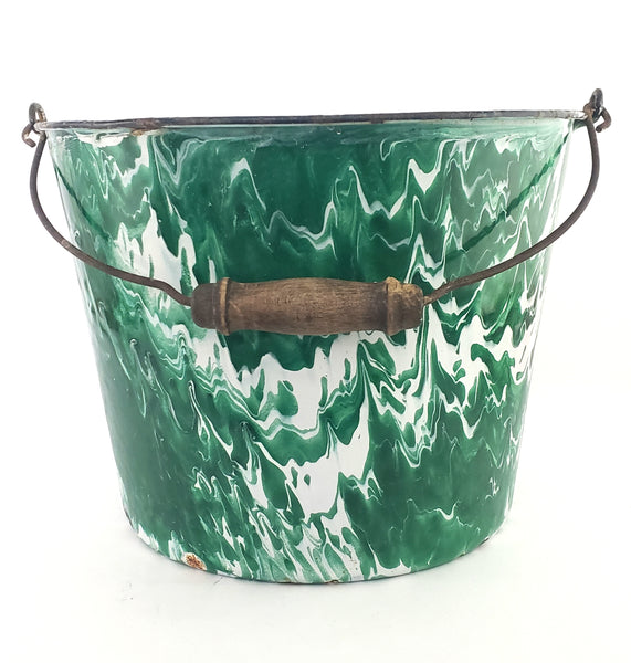 Antique Green & White Swirl Graniteware Pail Bucket Bail Handle Wood Grip