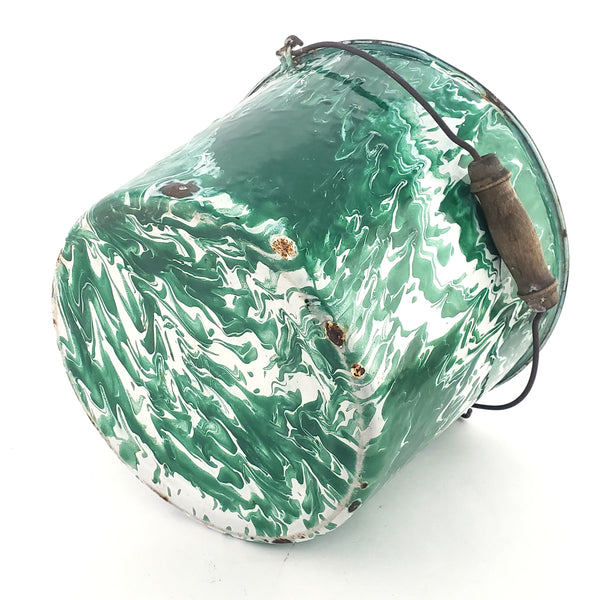 Antique Green & White Swirl Graniteware Pail Bucket Bail Handle Wood Grip