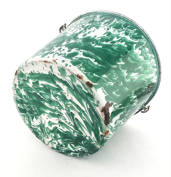 Antique Green & White Swirl Graniteware Pail Bucket Bail Handle Wood Grip