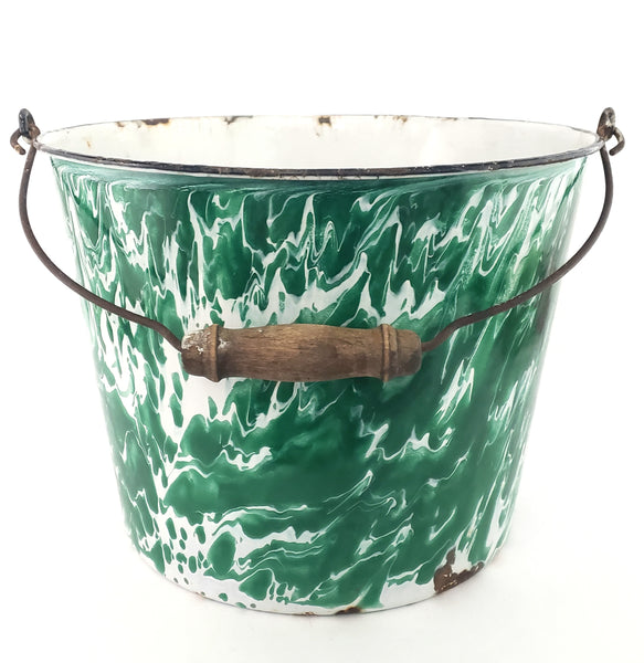 Antique Green & White Swirl Graniteware Pail Bucket Bail Handle Wood Grip