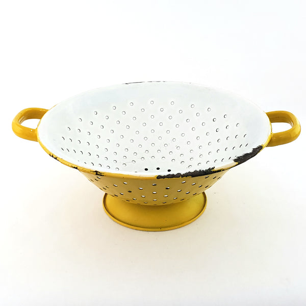 Vintage Yellow and White Enamelware Colander Double Handles