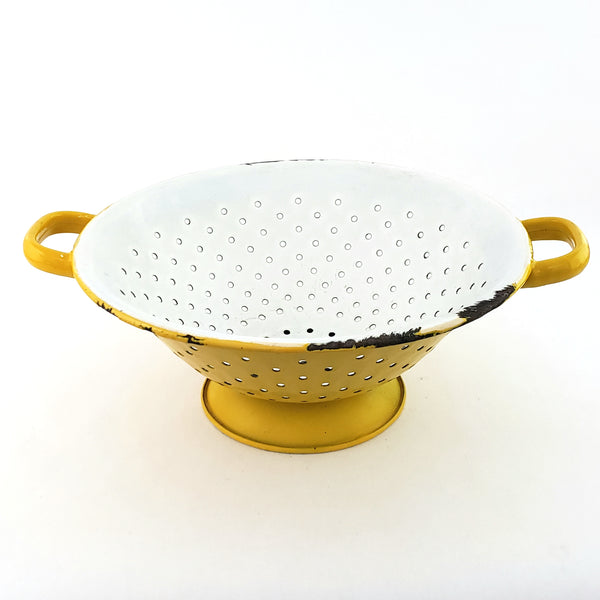 Vintage Yellow and White Enamelware Colander Double Handles