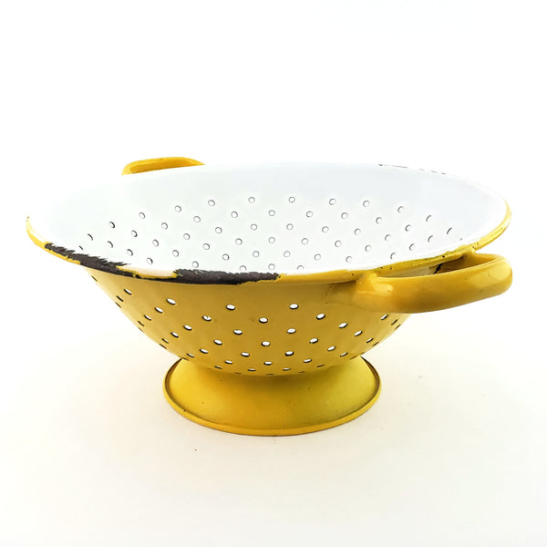 Vintage Yellow and White Enamelware Colander Double Handles