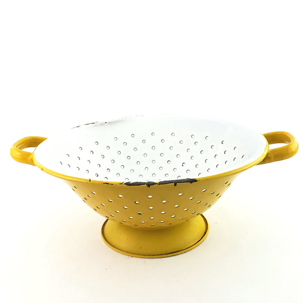 Vintage Yellow and White Enamelware Colander Double Handles