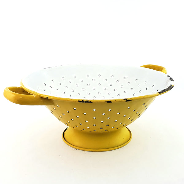 Vintage Yellow and White Enamelware Colander Double Handles