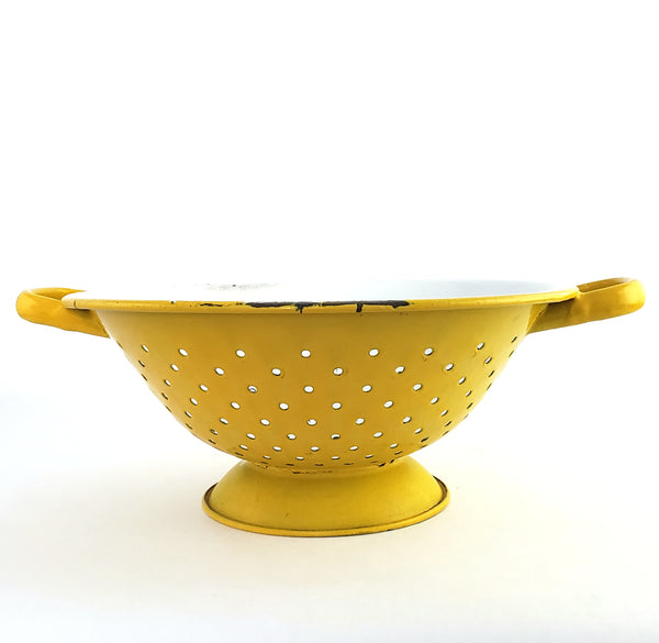 Vintage Yellow and White Enamelware Colander Double Handles