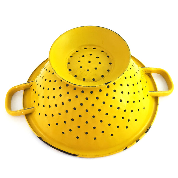 Vintage Yellow and White Enamelware Colander Double Handles