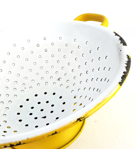 Vintage Yellow and White Enamelware Colander Double Handles