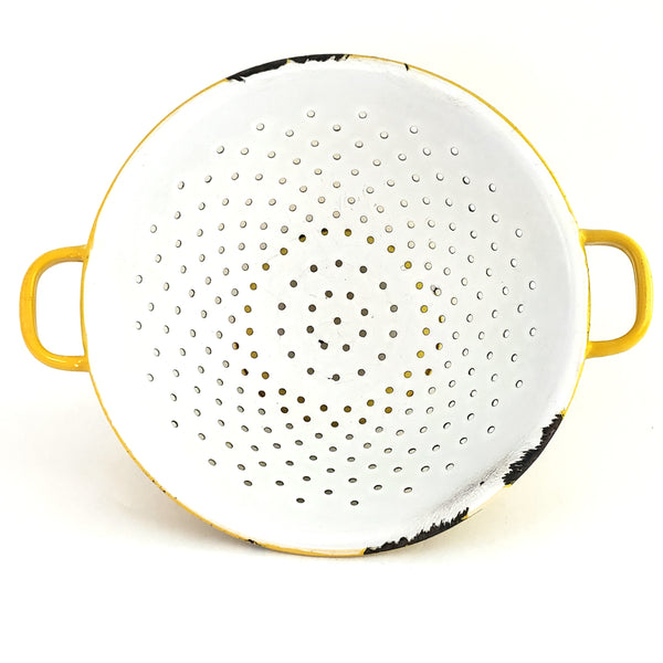 Vintage Yellow and White Enamelware Colander Double Handles