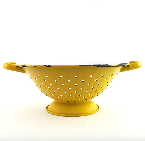 Vintage Yellow and White Enamelware Colander Double Handles