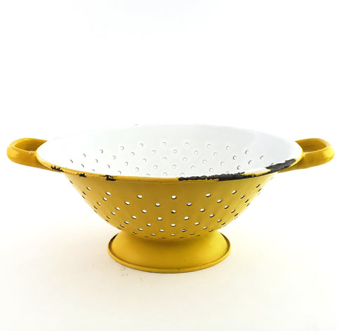 Vintage Yellow and White Enamelware Colander Double Handles