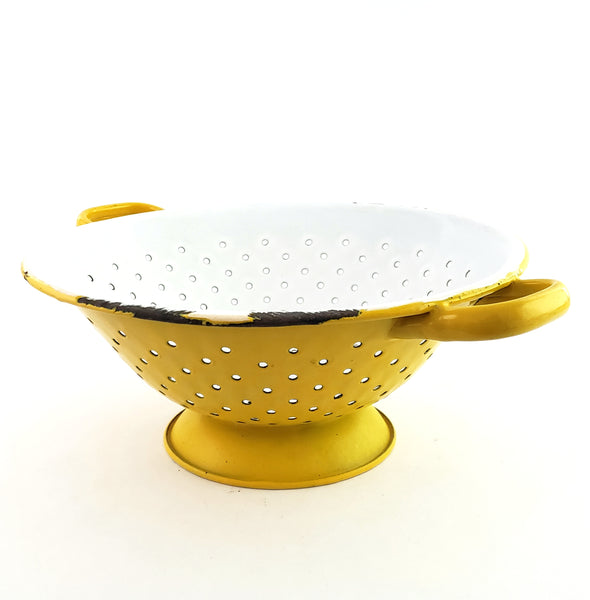 Vintage Yellow and White Enamelware Colander Double Handles