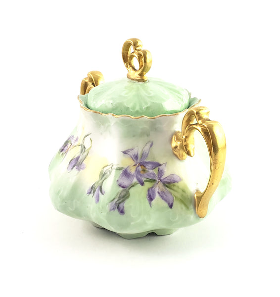 Antique MZ Austria Porcelain Sugar Bowl Matching Lid Pastel Iris Mold 864