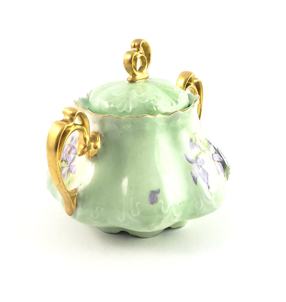 Antique MZ Austria Porcelain Sugar Bowl Matching Lid Pastel Iris Mold 864