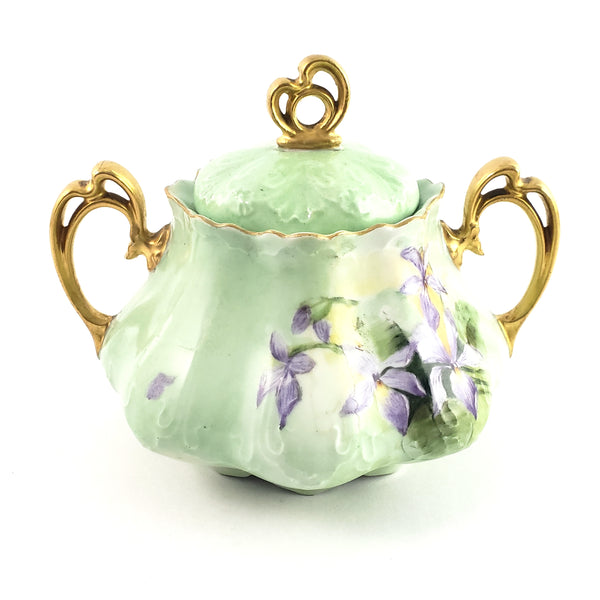 Antique MZ Austria Porcelain Sugar Bowl Matching Lid Pastel Iris Mold 864