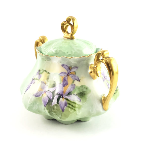Antique MZ Austria Porcelain Sugar Bowl Matching Lid Pastel Iris Mold 864