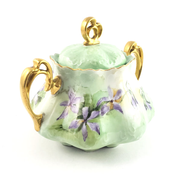 Antique MZ Austria Porcelain Sugar Bowl Matching Lid Pastel Iris Mold 864