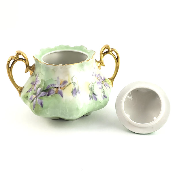 Antique MZ Austria Porcelain Sugar Bowl Matching Lid Pastel Iris Mold 864