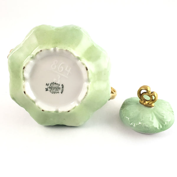 Antique MZ Austria Porcelain Sugar Bowl Matching Lid Pastel Iris Mold 864
