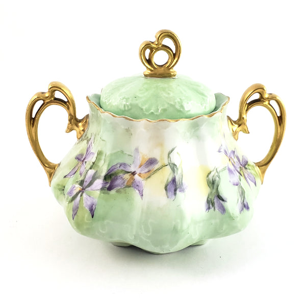 Antique MZ Austria Porcelain Sugar Bowl Matching Lid Pastel Iris Mold 864