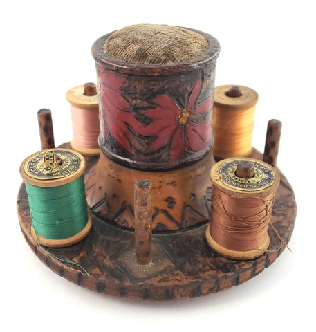 Vintage Hand Carved Wooden Thread Spool Holder Poinsettia