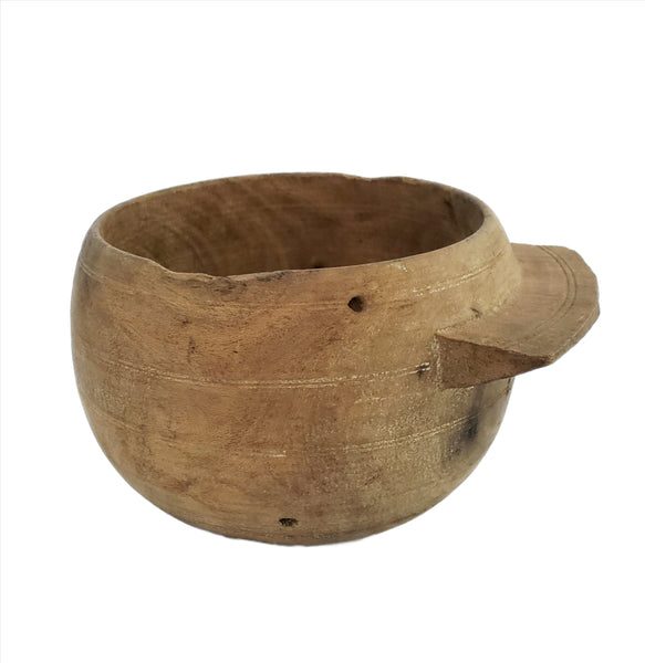 Primitive Wooden Turned Bowl with Side Handle