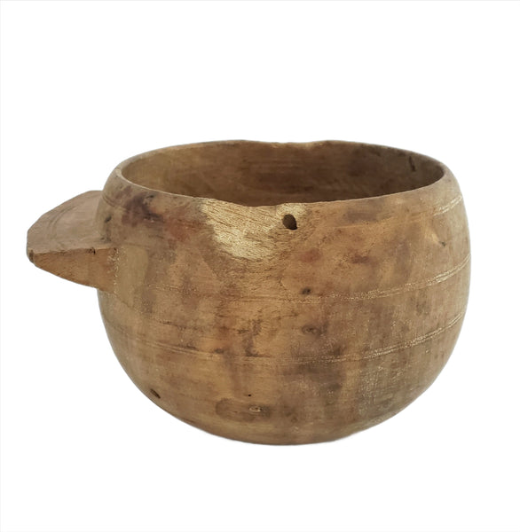 Primitive Wooden Turned Bowl with Side Handle