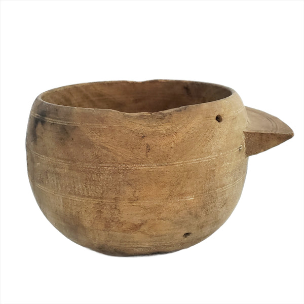 Primitive Wooden Turned Bowl with Side Handle
