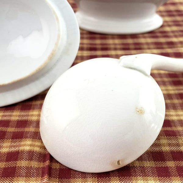 19th Century White Ironstone Gravy Sauce Tureen Ladle & Lid Henry Alcock Repair