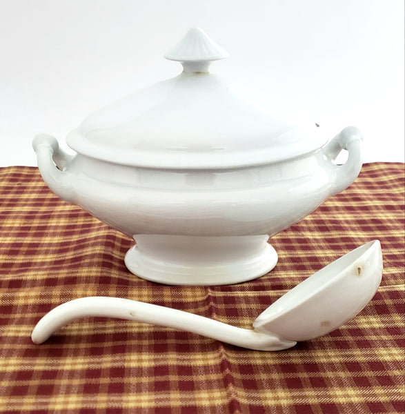 19th Century White Ironstone Gravy Sauce Tureen Ladle & Lid Henry Alcock Repair