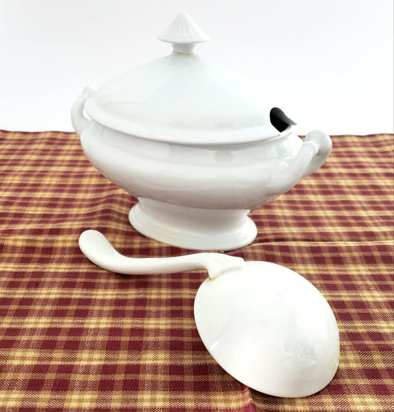 19th Century White Ironstone Gravy Sauce Tureen Ladle & Lid Henry Alcock Repair