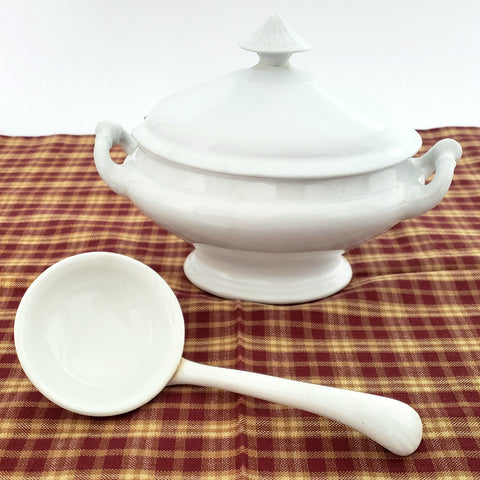 19th Century White Ironstone Gravy Sauce Tureen with Ladle & Lid Henry Alcock Repair