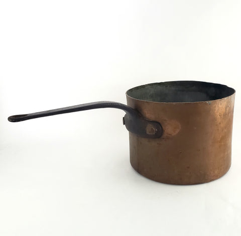 Old Copper Cook Sauce Pot Tin Lined Iron Handle Teardrop Hole Hearth Accent