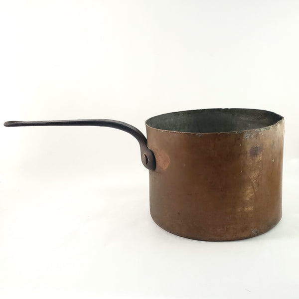 Old Copper Cook Sauce Pot Tin Lined Iron Handle 19" Teardrop Hole Hearth Accent