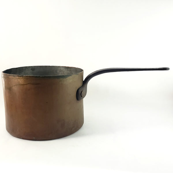 Old Copper Cook Sauce Pot Tin Lined Iron Handle 19" Teardrop Hole Hearth Accent