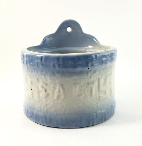 Antique Blue and White Stoneware Salt Crock Swastika Symbol 6" No Lid