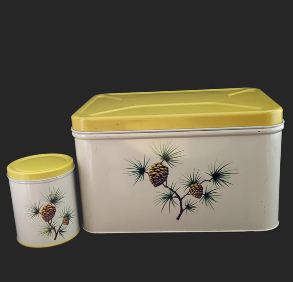 Vintage Decoware Metal Bread Box & Canister Retro Yellow & White Pinecone 1950s