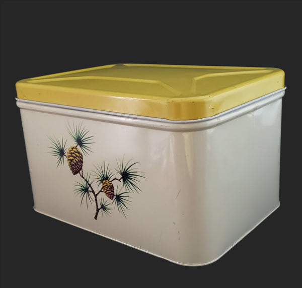 Vintage Decoware Metal Bread Box & Canister Retro Yellow & White Pinecone 1950s