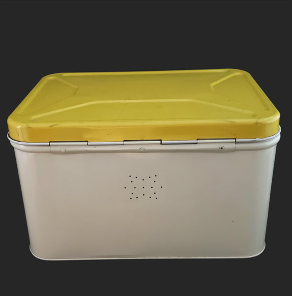Vintage Decoware Metal Bread Box & Canister Retro Yellow & White Pinecone 1950s