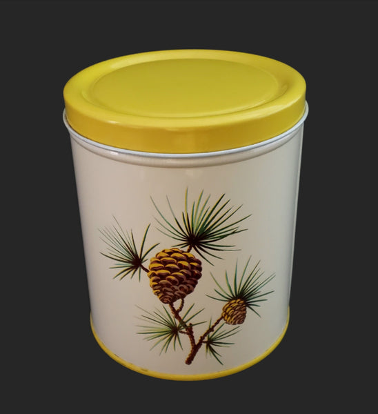 Vintage Decoware Metal Bread Box & Canister Retro Yellow & White Pinecone 1950s