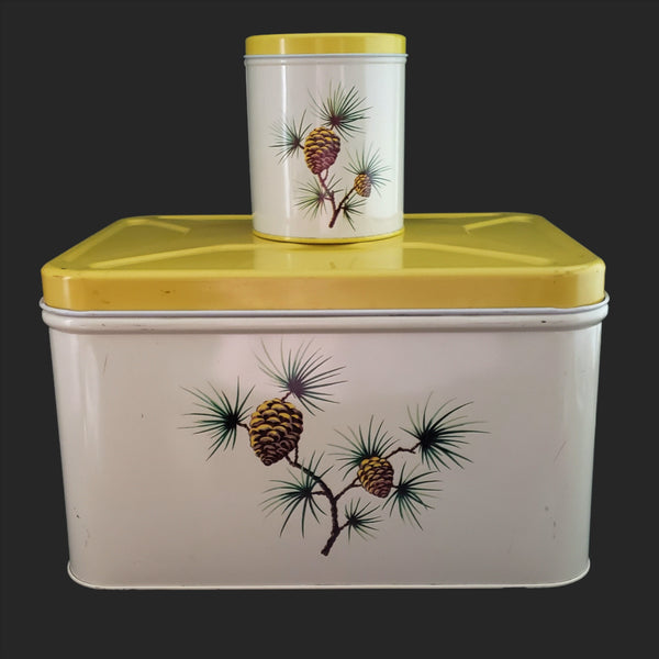 Vintage Decoware Metal Bread Box & Canister Retro Yellow & White Pinecone 1950s