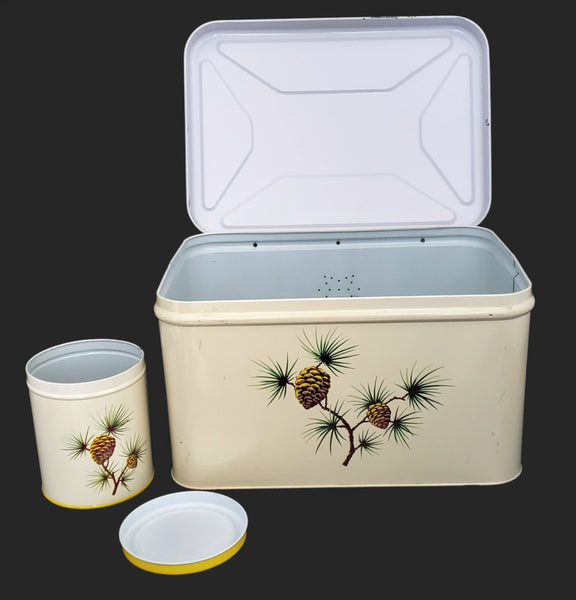 Vintage Decoware Metal Bread Box & Canister Retro Yellow & White Pinecone 1950s