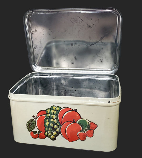 Vintage Decoware Metal Bread Box Fruit Pattern Mid Century