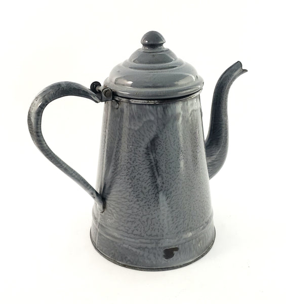 Antique Gray Graniteware Gooseneck Coffee Pot Hinged Lid