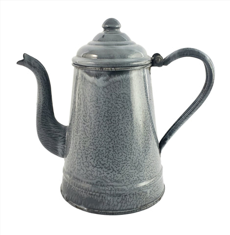 Antique Gray Graniteware Gooseneck Coffee Pot Hinged Lid