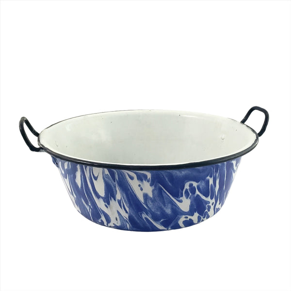 Antique Blue and White Swirl Enamelware Double Handled Sauce Pot