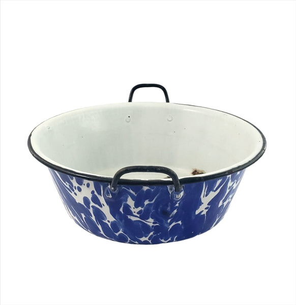Antique Blue and White Swirl Enamelware Double Handled Sauce Pot