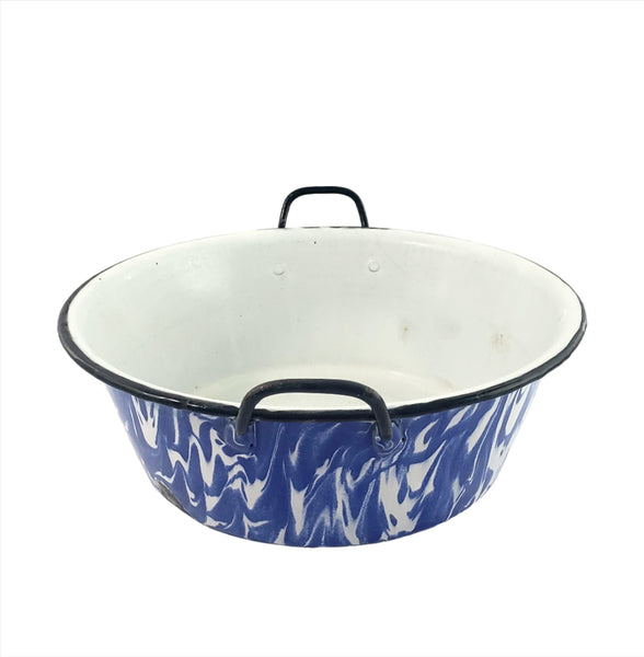 Antique Blue and White Swirl Enamelware Double Handled Sauce Pot